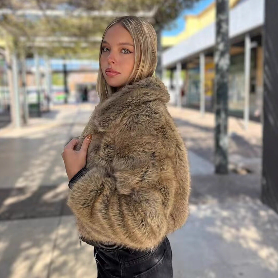 Damen Kurze Faux-Fur Bomberjacke mit Reißverschluss und Rippsaum Drune