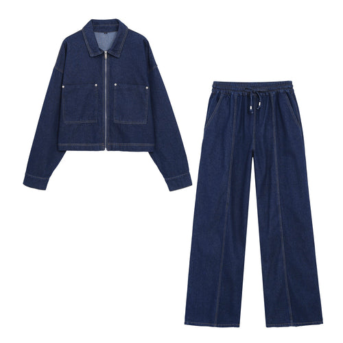 Damen Weite High‑Waist Jeanshose mit elastischem Bund, Tunnelzug und sichtbarer Bügelfalte Drune
