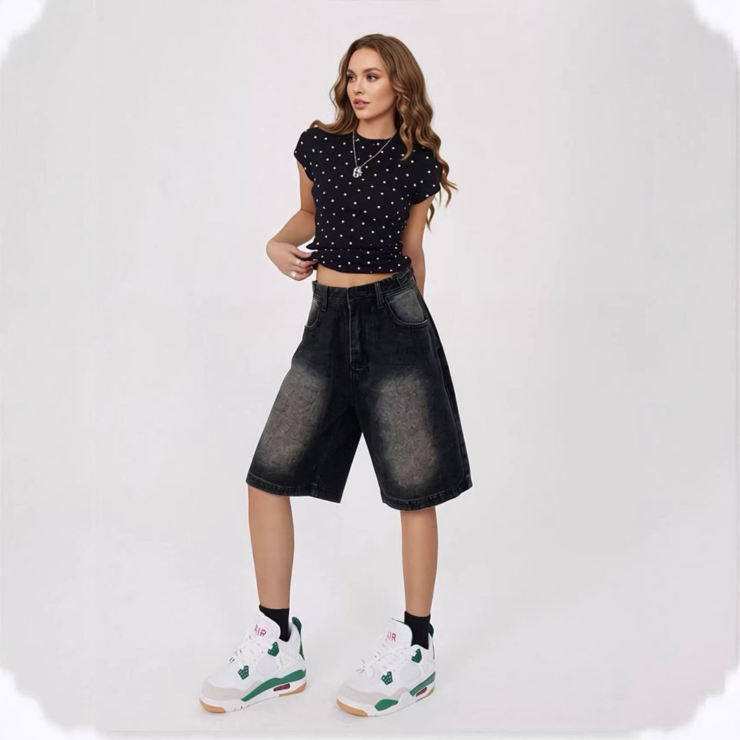 Damen lässige Denim-Shorts mit hohem Bund und weitem Schnitt Drune