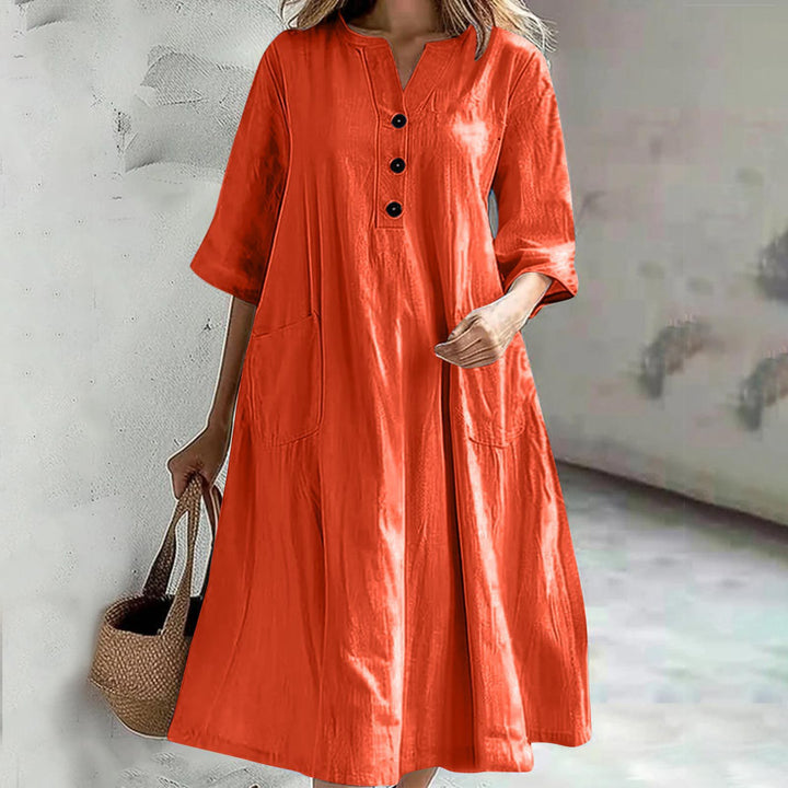 Damen nan locker fallendes A-Linien Kleid mit V-Ausschnitt-Knopfleiste, 3/4-Ärmeln und aufgesetzten Eingrifftaschen Drune