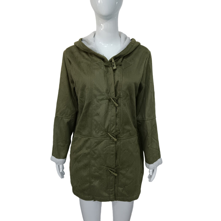 Damen Kapuzen-Dufflecoat mit Kunstfellbesatz und KnDruneelverschlüssen Drune