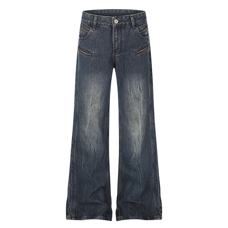 Damen Weite Denim‑Palazzo‑Jeans mit hohem Bund und Zier‑Reißverschlusstaschen Drune