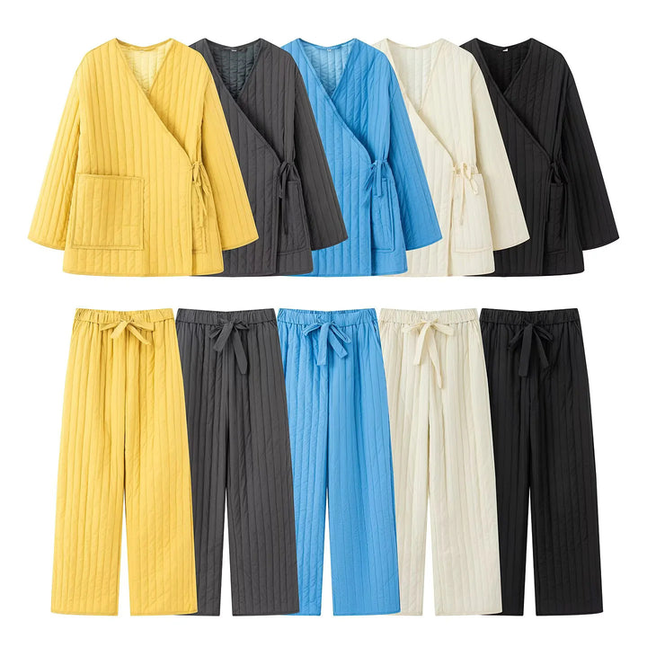 Damen nan gesteppter Kimono-Wickel-Loungewear-Set mit weiter Bundhose Drune