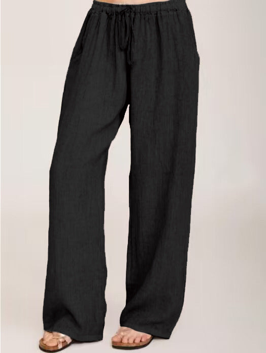 Damen Weite Leinenhose mit elastischem Bund und Seitentaschen Drune