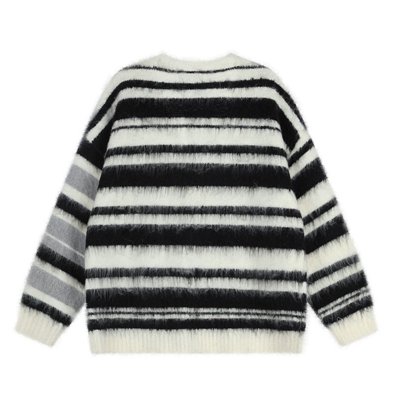 Damen Oversize-Strickjacke mit V‑Ausschnitt, kuscheliger Mohair‑Optik und gestreiftem Muster Drune