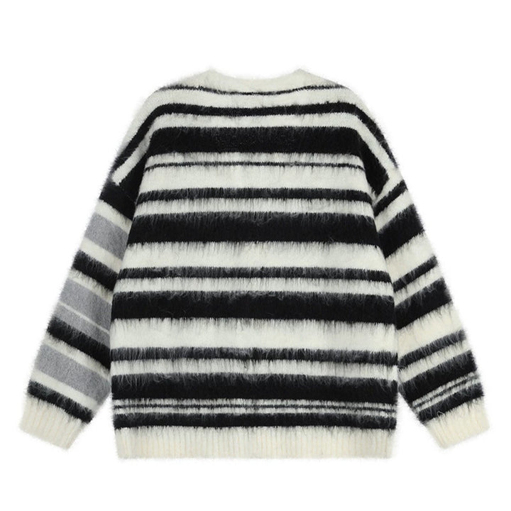Damen Oversize-Strickjacke mit V‑Ausschnitt, kuscheliger Mohair‑Optik und gestreiftem Muster Drune