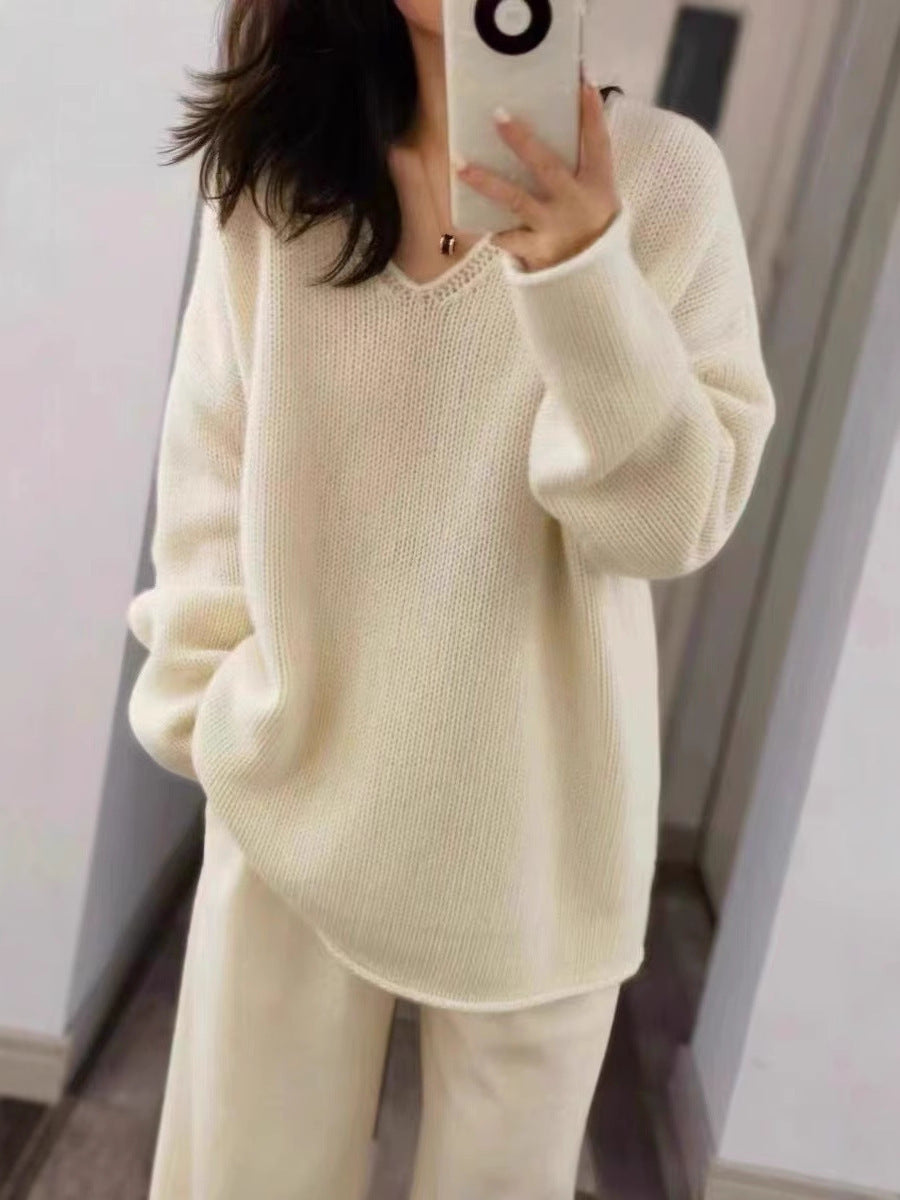 Damen Oversize V‑Ausschnitt Pullover im Mohair‑Look mit überschnittener Schulter und gerundetem Saum Drune