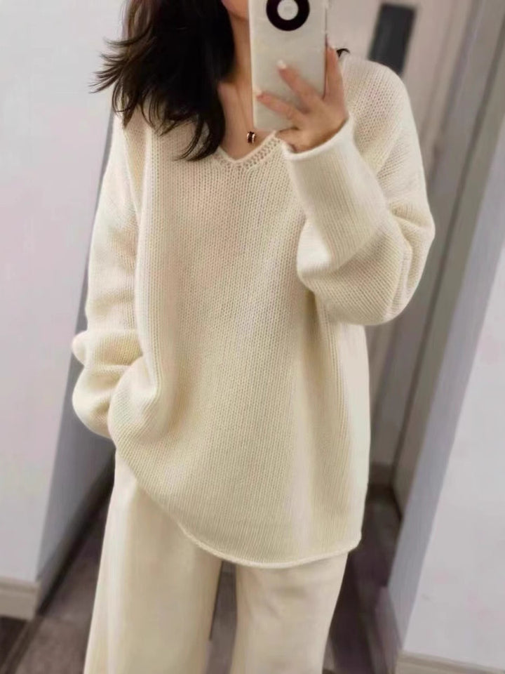 Damen Oversize V‑Ausschnitt Pullover im Mohair‑Look mit überschnittener Schulter und gerundetem Saum Drune