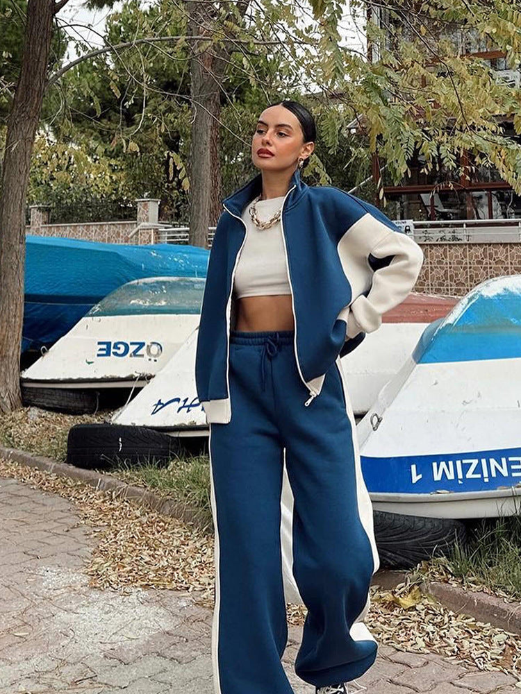 Damen athletisches Zweiteiler-Set aus strukturiertem Sweatstoff mit gekürzter Reißverschlussjacke und hochgeschnittener Jogginghose mit weitem Beinverlauf Drune