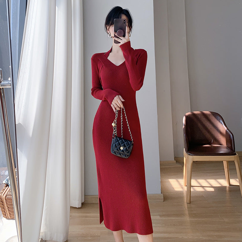 Damen Strickkleid mit V-Ausschnitt und seitlichen Schlitzen Drune