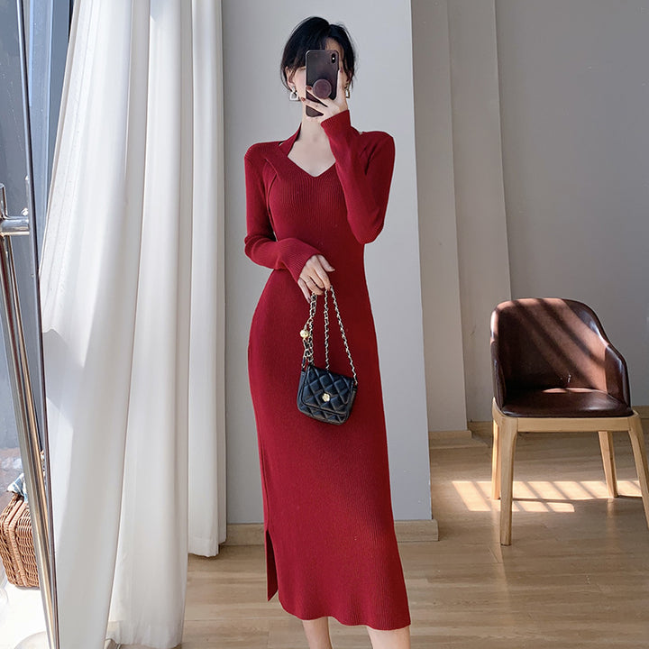 Damen Strickkleid mit V-Ausschnitt und seitlichen Schlitzen Drune