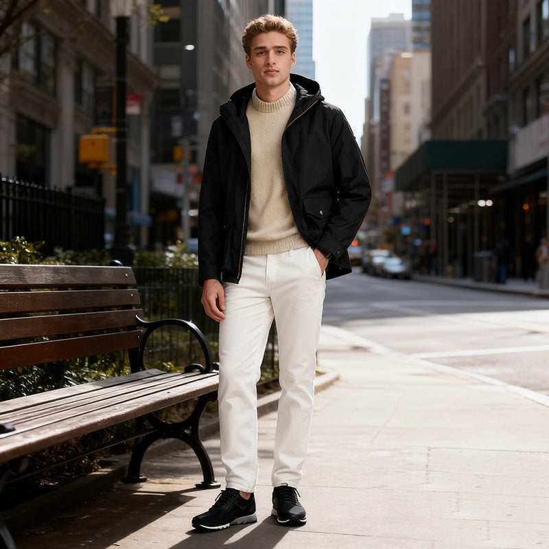 Herren Leichte Kapuzenjacke im urbanen Minimalstil mit Zwei-Wege-Reißverschluss und Pattentaschen Drune