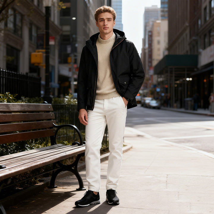 Herren Leichte Kapuzenjacke im urbanen Minimalstil mit Zwei-Wege-Reißverschluss und Pattentaschen Drune