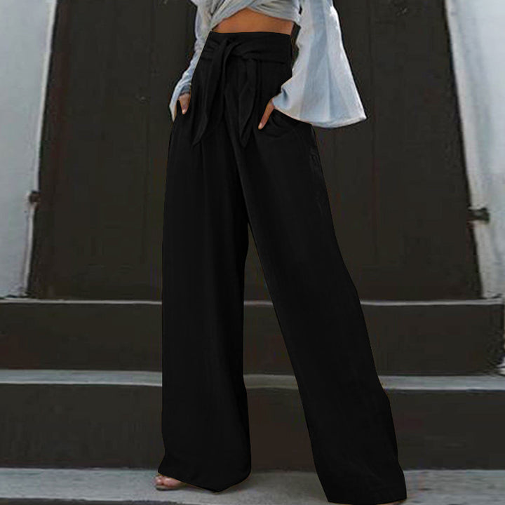 Damen nan weite High-Waist Leinenhose mit Bindegürtel und Eingrifftaschen Drune