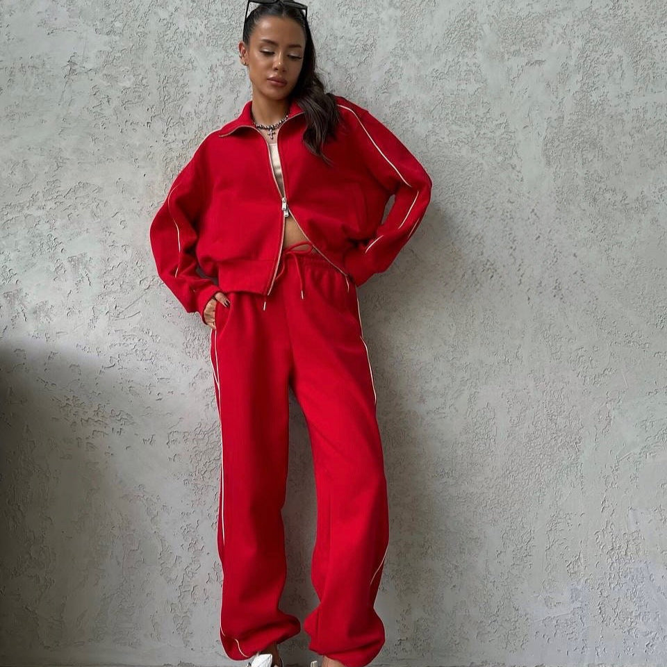 Damen lässiges Sweatset mit Stehkragen Reißverschluss gekürzter Jacke und hochtaillierter Schlaghose Drune