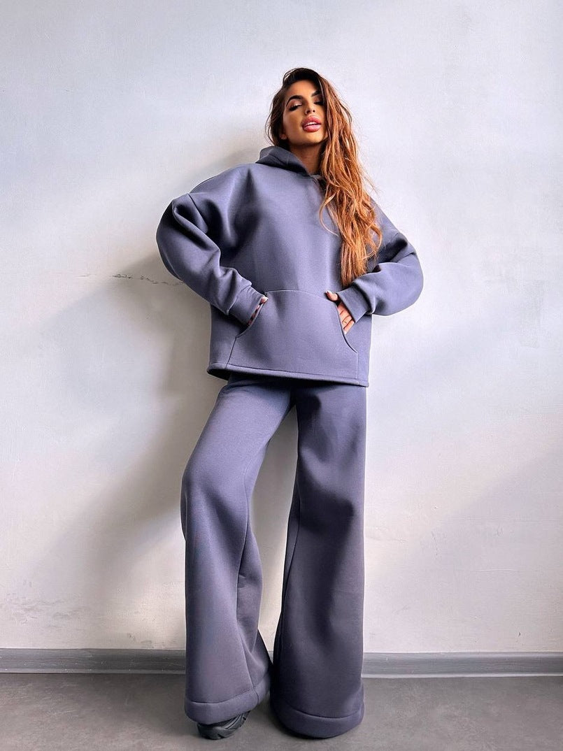 Damen Scuba-Fleece Lounge-Set mit Oversize-Kapuzenpullover und weiter Flare-Hose Drune