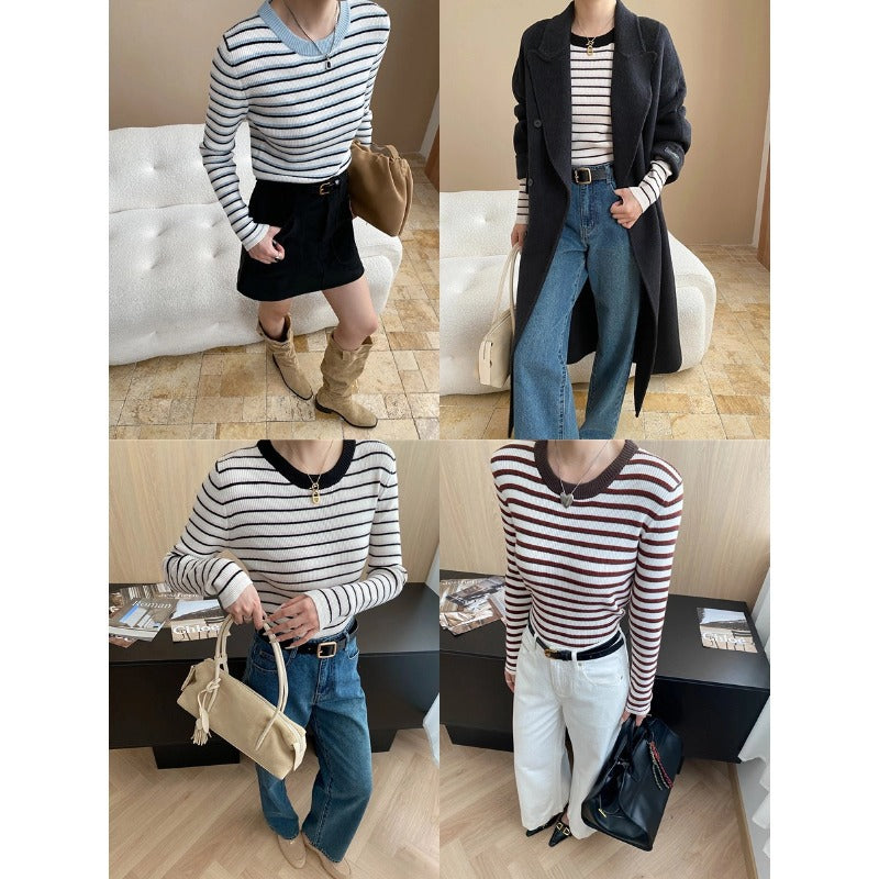 Damen gestreifter Pullover mit breitem Rundhalsausschnitt und feinem Rippstrick Drune