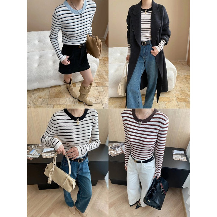 Damen gestreifter Pullover mit breitem Rundhalsausschnitt und feinem Rippstrick Drune