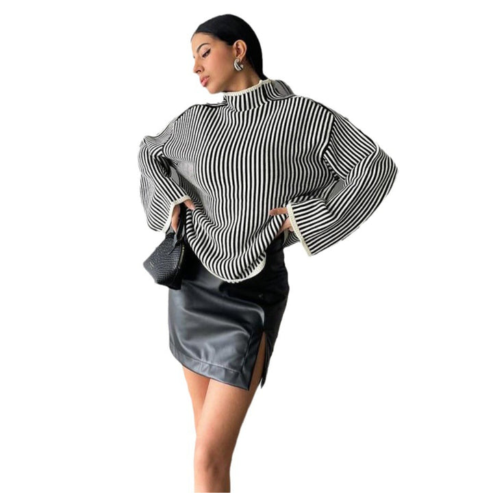 Damen Strickpullover mit lässigem Stehkragen und eleganten Streifen Drune