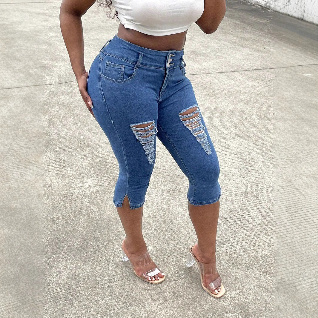 Damen Hochtaillierte, dreiviertellange Stretch-Jeans mit Destroyed-Einsätzen und seitlichem Saumschlitz Drune