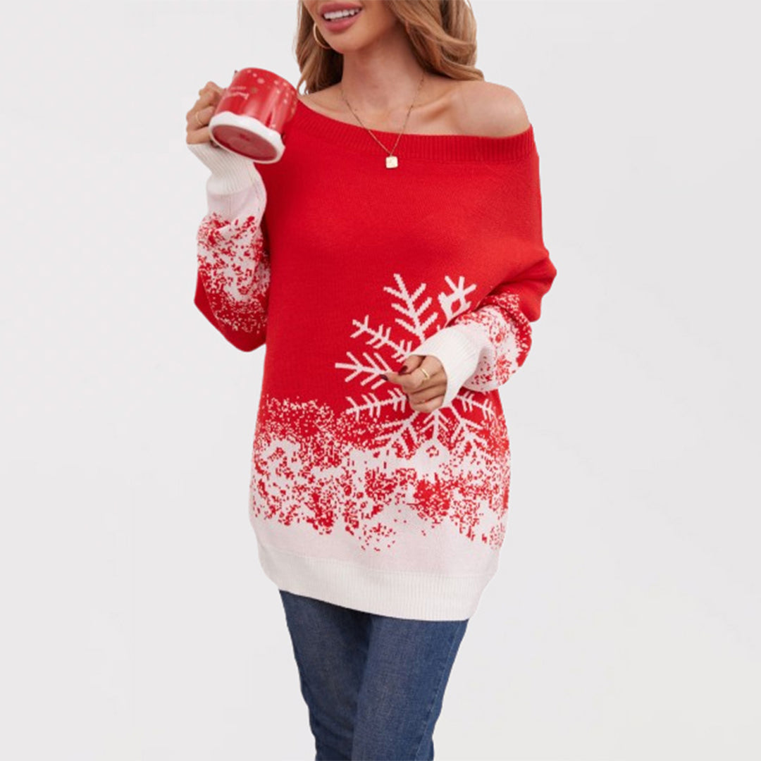 Damen Weihnachtsstrickpullover mit lässigem Schnitt und Schneeflocken-Motiv Drune