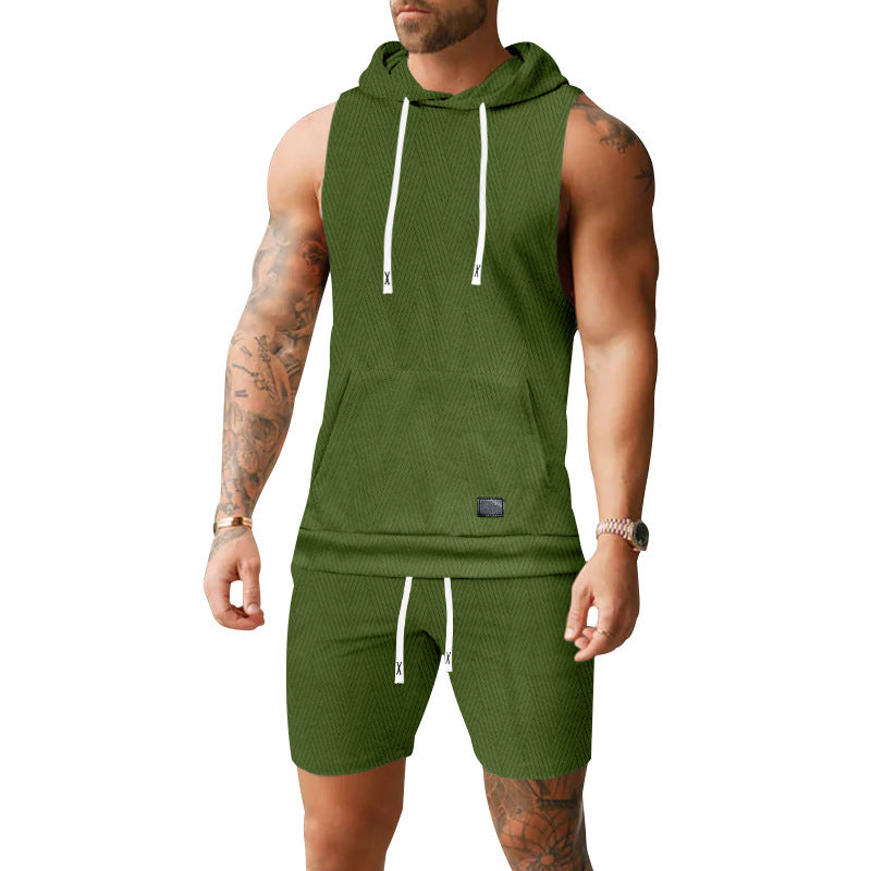 Herren nan ärmelloses Kapuzenweste-Set aus strukturiertem Baumwollmix mit Kängurutasche und Tunnelzug-Shorts Drune