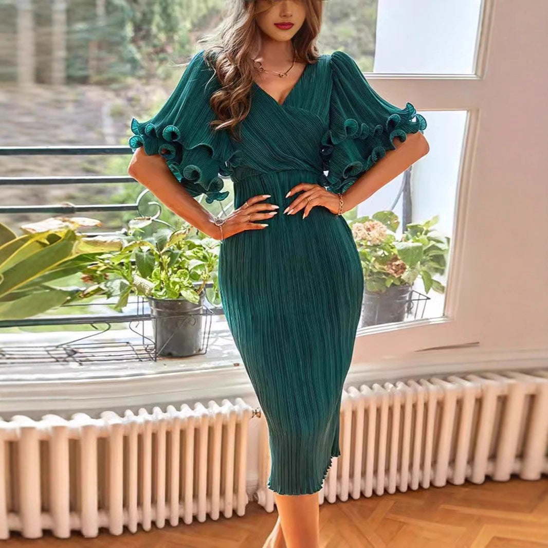 Damen elegantes Wickelkleid mit Volantärmeln Drune