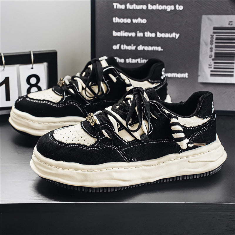 Damen denim-Plateau-Sneaker mit kontrastnähten, wattierter Wellenlaufsohle und verzierten Schnürdetails Drune