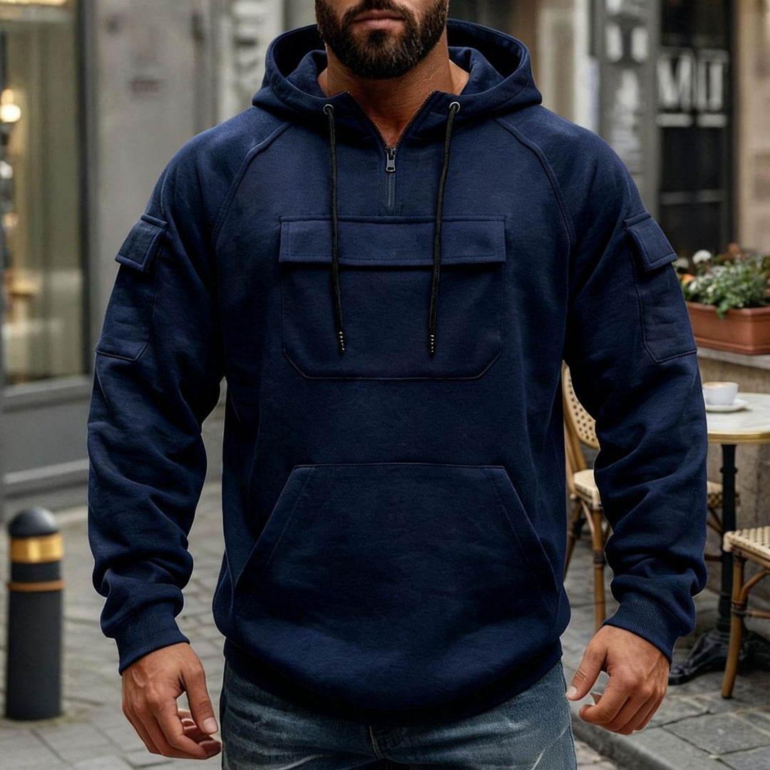 Herren funktionaler Kapuzenpullover mit halbem Frontreißverschluss, aufgesetzter Fronttasche mit Klappe und Kängurutasche Drune