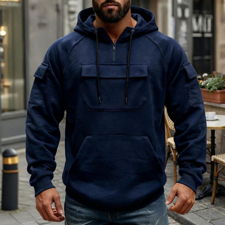Herren funktionaler Kapuzenpullover mit halbem Frontreißverschluss, aufgesetzter Fronttasche mit Klappe und Kängurutasche Drune