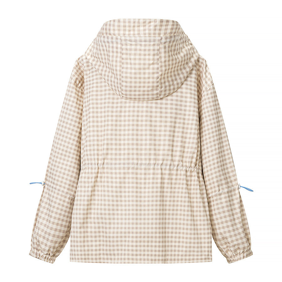 Damen 20+ leichte karierte Kapuzenjacke mit Tunnelzug, Reißverschluss und funktionalen Taschen Drune