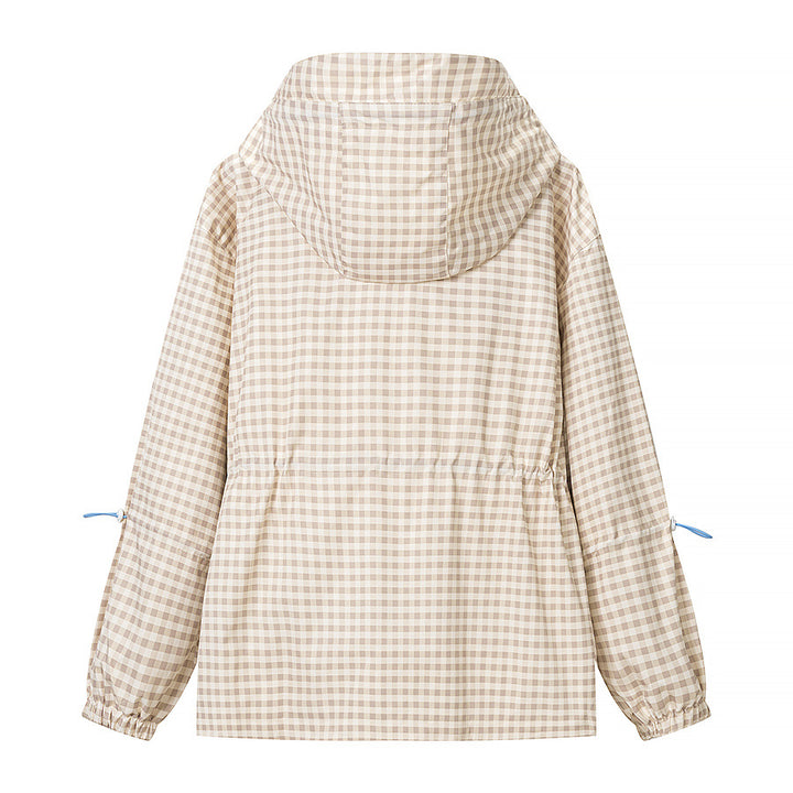 Damen 20+ leichte karierte Kapuzenjacke mit Tunnelzug, Reißverschluss und funktionalen Taschen Drune