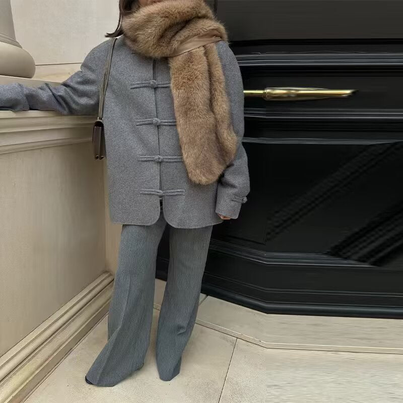 Damen Kurzer Wollmantel mit Knebelverschlüssen und Oversized-Schnitt Drune