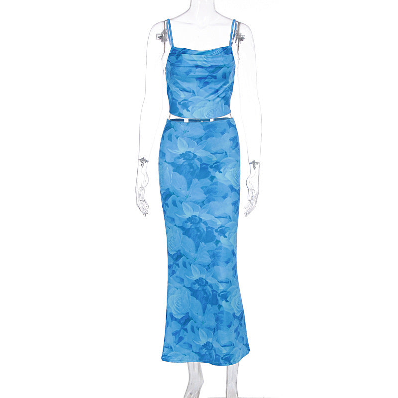 Damen elegante Kombination aus Crop-Top und Maxirock mit raffinierten Rüschen Drune
