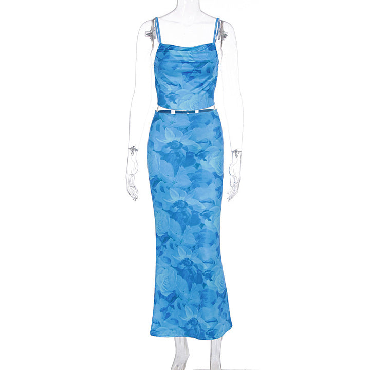 Damen elegante Kombination aus Crop-Top und Maxirock mit raffinierten Rüschen Drune