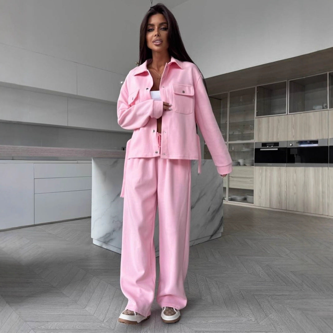 Damen Zweiteiliges Loungewear-Set mit tailliertem Blouson, Bindegürtel und weiter Palazzo-Hose Drune