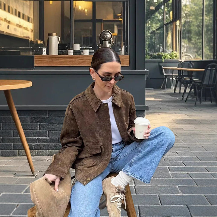 Damen modische Wildlederjacke mit Oversized-Schnitt Drune