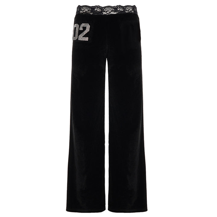 Damen weite Velvet-Palazzo-Hose mit Spitze Drune