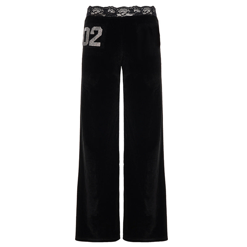 Damen elegante Flared-Hose aus weichem Material mit Spitzenbund und Glitzerakzenten Drune