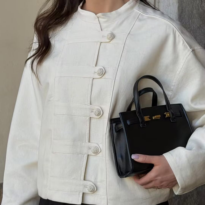 Damen Kurze Boxy‑Jacke im Mandarinstil mit dekorativen Stoffknotenverschlüssen Drune