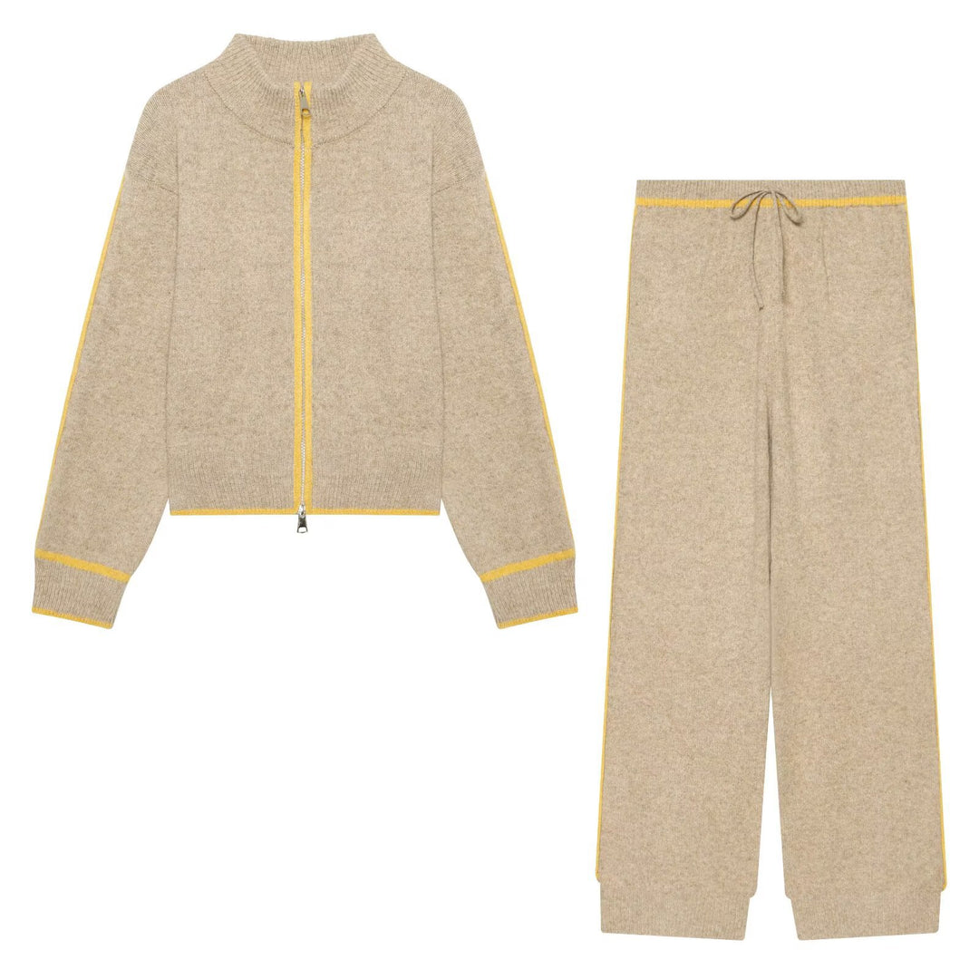 Damen Strick-Set mit Reißverschlussjacke, Stehkragen und weitem Relax-Hosenbein Drune