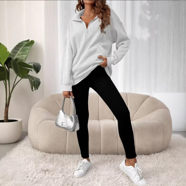 Damen Oversize Sweatshirt mit halbem Reißverschluss, Kängurutasche und Stehkragen Drune