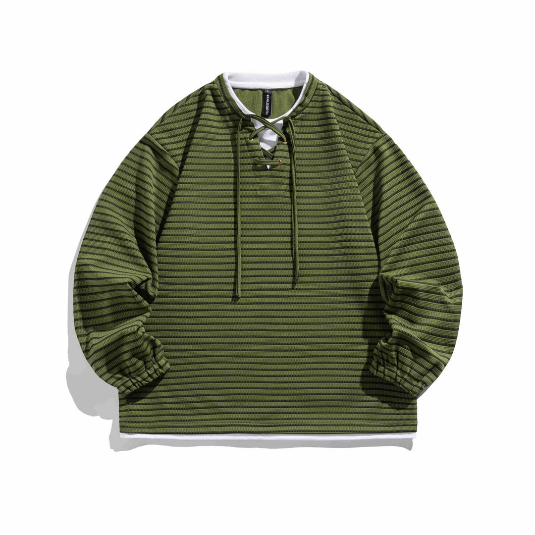 Unisex Gestreifter Waffelstruktur-Pullover mit Schnürverschluss und Raglanärmeln Drune
