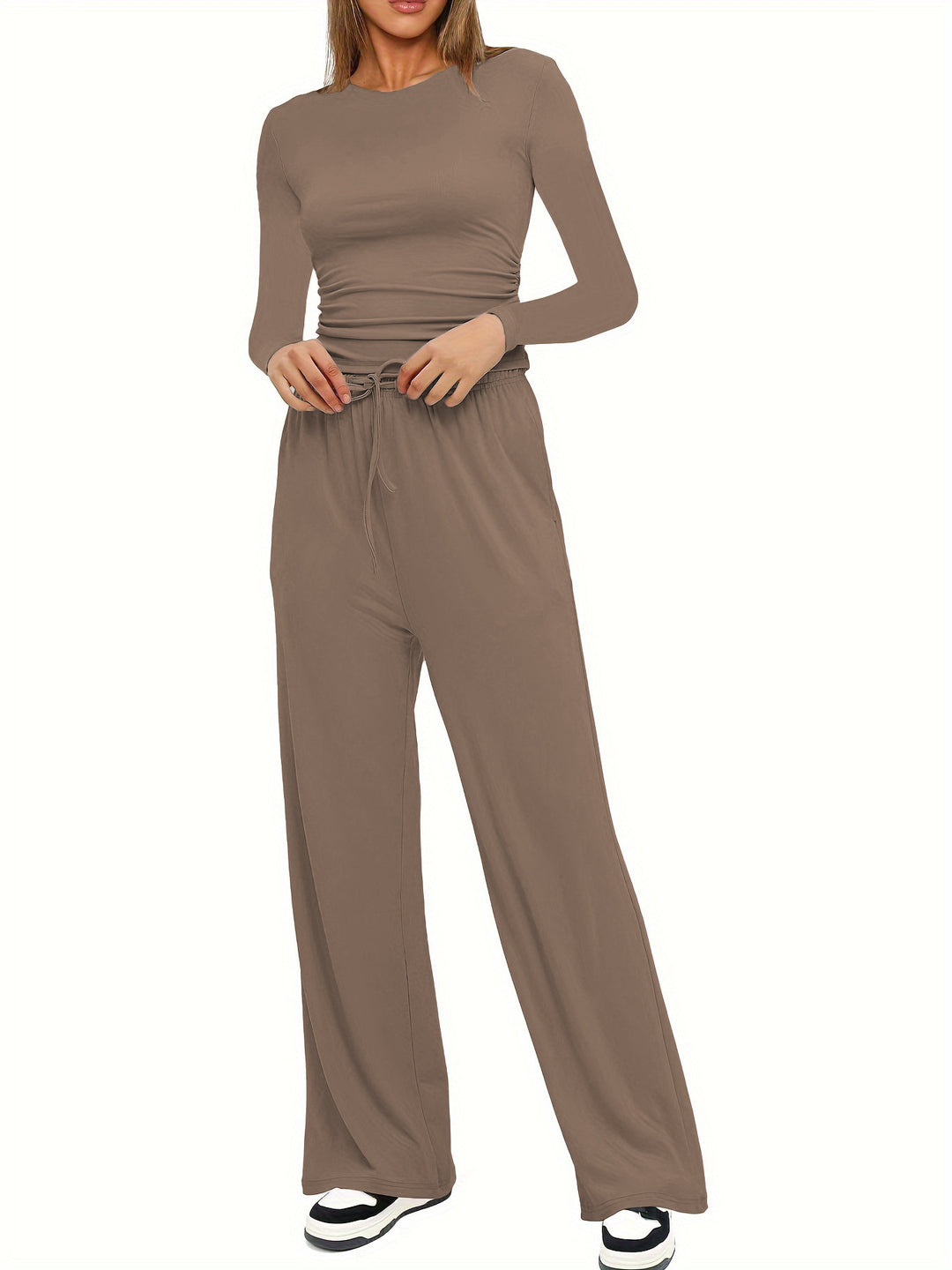 Damen Figurbetontes Longsleeve mit seitlicher Raffung und High-Waist Palazzo-Jogginghose Set Drune
