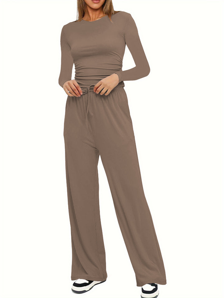 Damen Figurbetontes Longsleeve mit seitlicher Raffung und High-Waist Palazzo-Jogginghose Set Drune