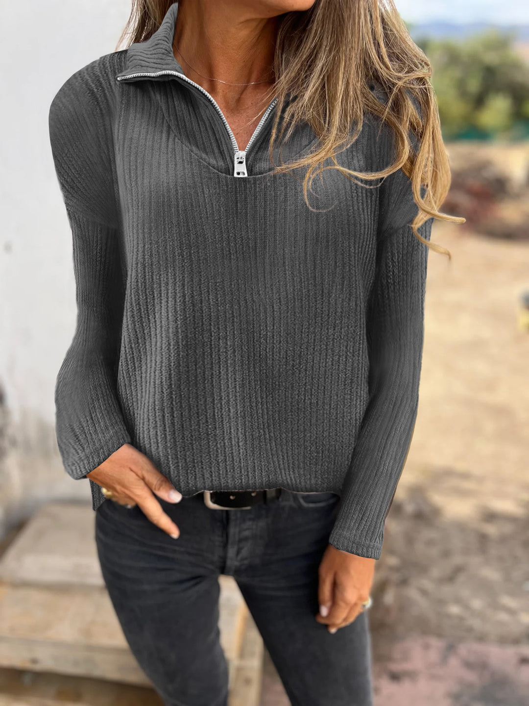 Damen Rippstrickpullover mit halbem Reißverschluss und Stehkragen Drune