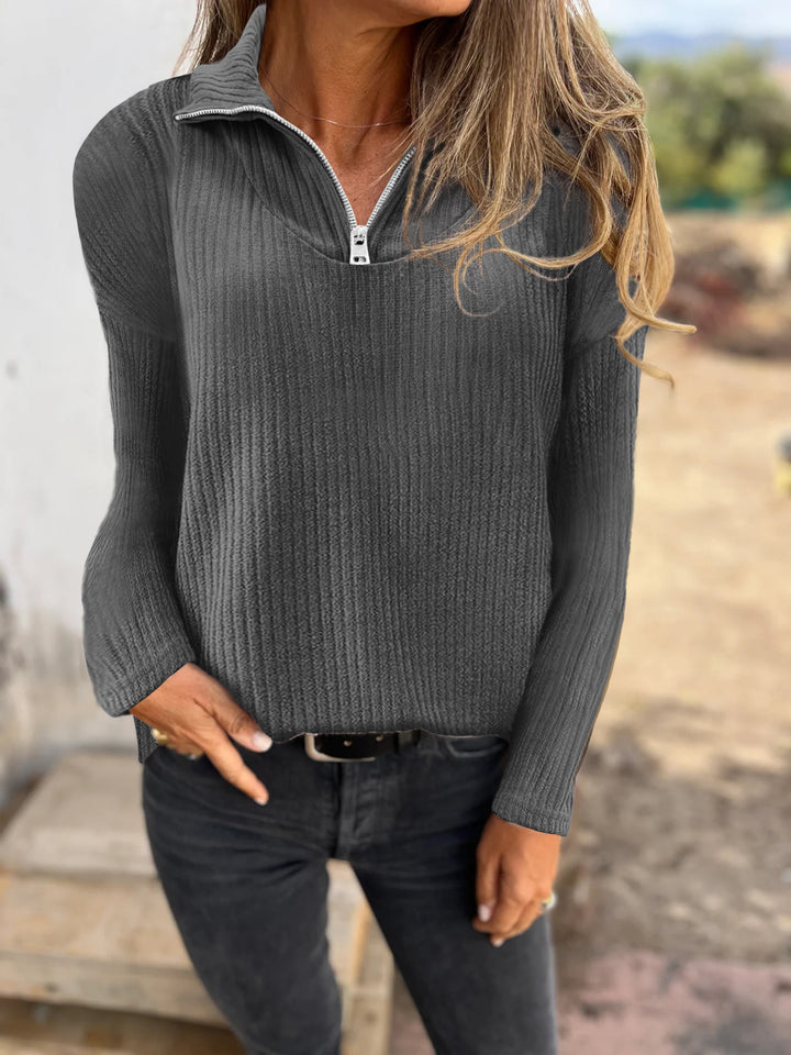 Damen Rippstrickpullover mit halbem Reißverschluss und Stehkragen Drune