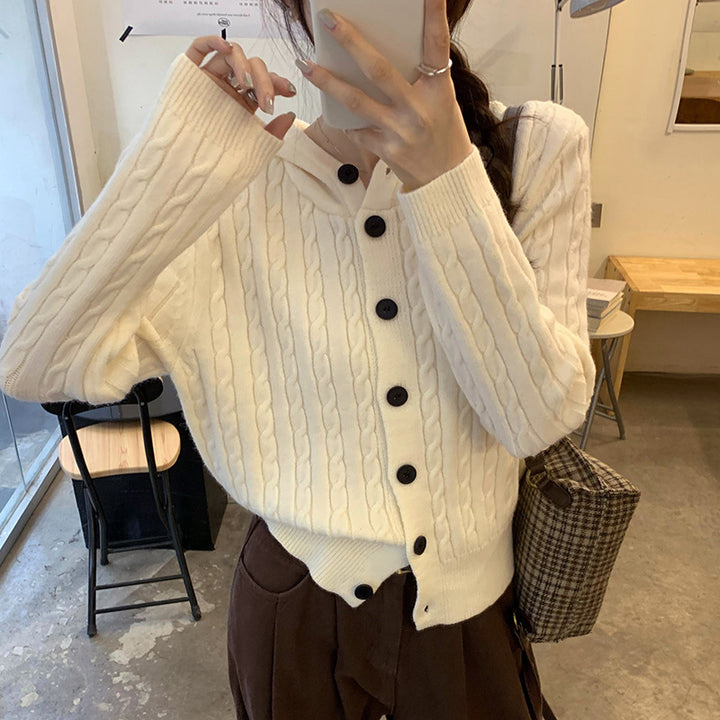 Damen Strickjacke mit Kapuze und Knopf-Detail Drune