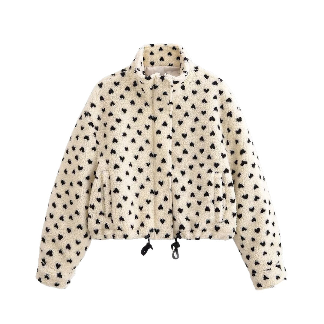 Damen Teddyjacke mit Stehkragen, Herzchen-Allover und Kordelzugsaum Drune