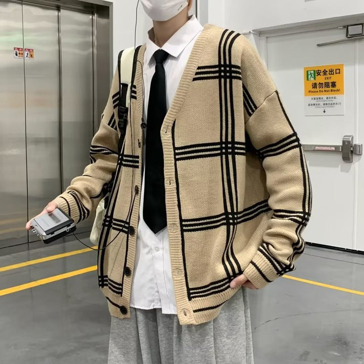 Herren Modischer Grobstrick Cardigan mit Karomuster Drune